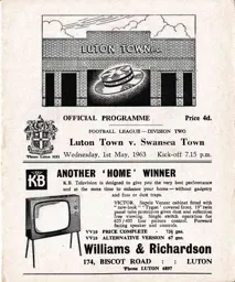 Programme: Luton Town FC vs Swansea Town (1st May 1963)