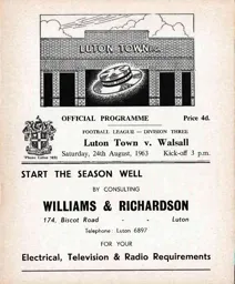 Programme: Luton Town FC vs Walsall (24th Aug 1963)