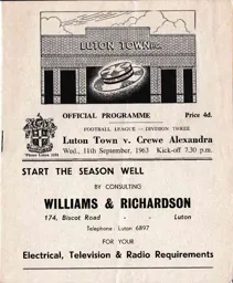 Programme: Luton Town FC vs Crewe Alexandra (11th Sep 1963)