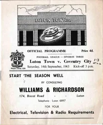 Programme: Luton Town FC vs Coventry City (14th Sep 1963)