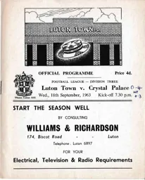 Programme: Luton Town FC vs Crystal Palace (18th Sep 1963)