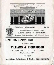 Programme: Luton Town FC vs Brentford (28th Sep 1963)