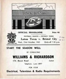 Programme: Luton Town FC vs Bristol City (23rd Oct 1963)