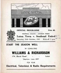 Programme: Luton Town FC vs Southend United (26th Oct 1963)