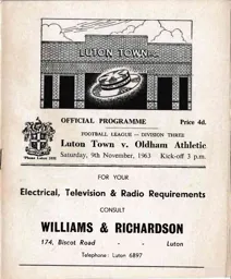 Programme: Luton Town FC vs Oldham Athletic (9th Nov 1963)
