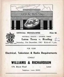 Programme: Luton Town FC vs Reading (21st Dec 1963)