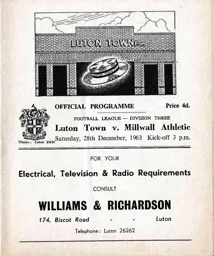 Programme: Luton Town FC vs Millwall (28th Dec 1963)