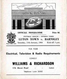 Programme: Luton Town FC vs Barnsley (11th Jan 1964)