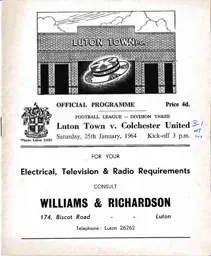 Programme: Luton Town FC vs Colchester United (25th Jan 1964)