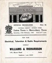 Programme: Luton Town FC vs Shrewsbury Town (15th Feb 1964)