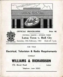 Programme: Luton Town FC vs Hull City (29th Feb 1964)
