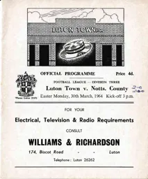 Programme: Luton Town FC vs Notts County (30th Mar 1964)