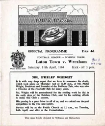 Programme: Luton Town FC vs Wrexham (11th Apr 1964)