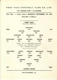 Programme: Port Vale vs Luton Town FC (7th Sep 1964)