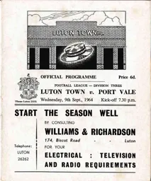 Programme: Luton Town FC vs Port Vale (9th Sep 1964)