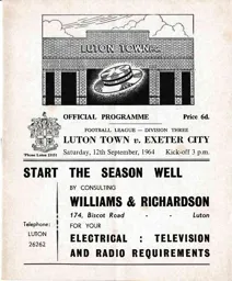 Programme: Luton Town FC vs Exeter City (12th Sep 1964)