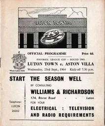 Programme: Luton Town FC vs Aston Villa (23rd Sep 1964)