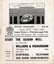 Programme: Luton Town FC vs Peterborough United (26th Sep 1964)