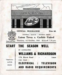 Programme: Luton Town FC vs Carlisle United (1st Oct 1964)
