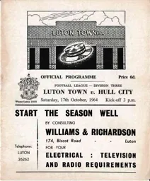 Programme: Luton Town FC vs Hull City (17th Oct 1964)
