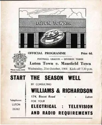 Programme: Luton Town FC vs Mansfield Town (21st Oct 1964)