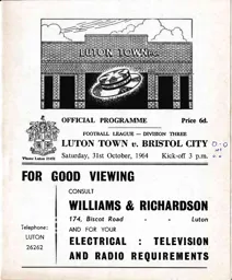 Programme: Luton Town FC vs Bristol City (31st Oct 1964)