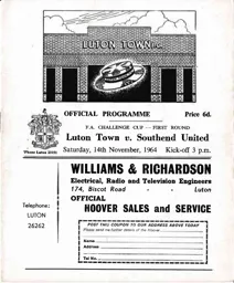 Programme: Luton Town FC vs Southend United (14th Nov 1964)