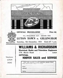 Programme: Luton Town FC vs Gillingham (5th Dec 1964)