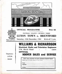 Programme: Luton Town FC vs Brentford (12th Dec 1964)