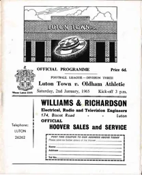 Programme: Luton Town FC vs Oldham Athletic (2nd Jan 1965)