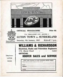 Programme: Luton Town FC vs Sunderland (9th Jan 1965)
