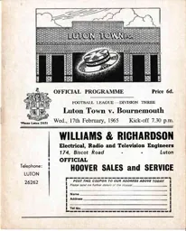Programme: Luton Town FC vs Bournemouth (17th Feb 1965)
