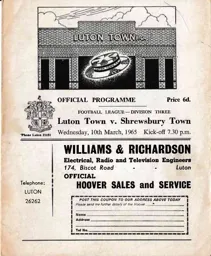 Programme: Luton Town FC vs Shrewsbury Town (10th Mar 1965)