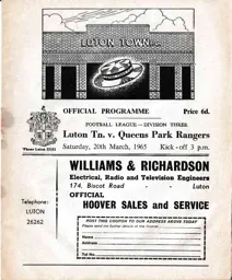Programme: Luton Town FC vs Queens Park Rangers (20th Mar 1965)