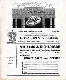Programme: Luton Town FC vs Reading (3rd Apr 1965)