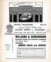 Programme: Luton Town FC vs Walsall (16th Apr 1965)
