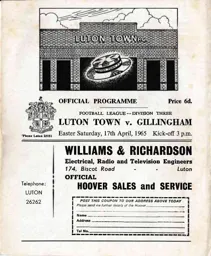 Programme: Luton Town FC vs Gillingham (17th Apr 1965)