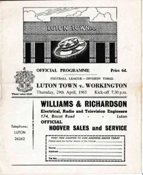 Programme: Luton Town FC vs Workington (29th Apr 1965)