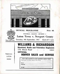 Programme: Luton Town FC vs Newport County (4th Sep 1965)
