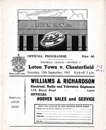 Programme: Luton Town FC vs Chesterfield (18th Sep 1965)