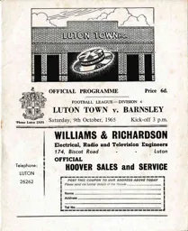 Programme: Luton Town FC vs Barnsley (9th Oct 1965)