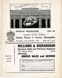 Programme: Luton Town FC vs Crewe Alexandra (23rd Oct 1965)