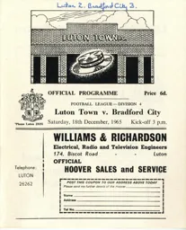 Programme: Luton Town FC vs Bradford City (18th Dec 1965)