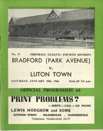 Programme: Bradford Park Avenue vs Luton Town FC (29th Jan 1966)