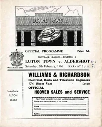 Programme: Luton Town FC vs Aldershot (5th Feb 1966)