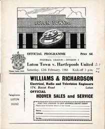 Programme: Luton Town FC vs Hartlepools United (12th Feb 1966)