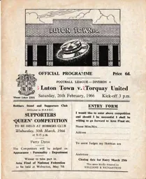 Programme: Luton Town FC vs Torquay United (26th Feb 1966)