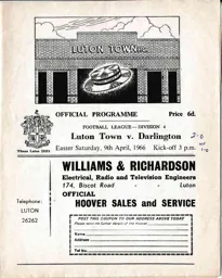 Programme: Luton Town FC vs Darlington (9th Apr 1966)
