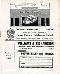 Programme: Luton Town FC vs Colchester United (11th Apr 1966)