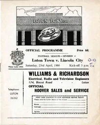 Programme: Luton Town FC vs Lincoln City (23rd Apr 1966)